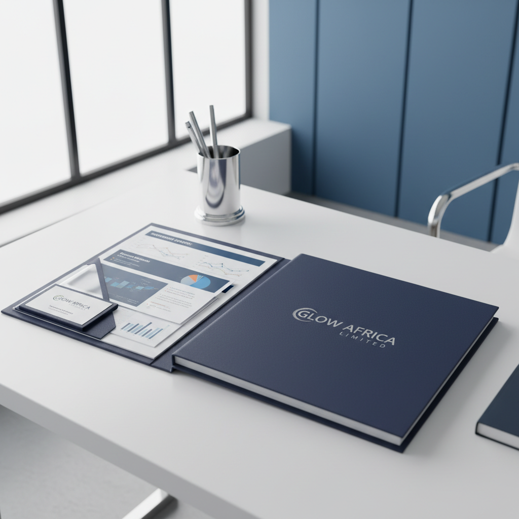 An elegant, navy blue hardcover folder embossed with the “Glow Africa Limited” logo in silver, lying open on a pristine white desk. Visible inside are neatly organized investment reports and brochures, with an embossed business card tucked into a pocket. The desk is positioned within a bright, modern office space with minimalistic decor, including a chrome penholder and a background featuring blurred soft blue wall panels. Bright, diffused daylight streams from a nearby window, illuminating the folder and creating gentle highlights. The atmosphere is organized and detail-oriented, evoking corporate trustworthiness. Captured at a 45-degree angle with sharp focus throughout, the image has a clean, contemporary finance aesthetic.
